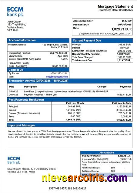 Malta ECCM Bank mortgage statement Word and PDF template